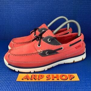 🔴 L.L. BEAN LEATHER BOAT Women`s Size 7.5 Red Salmon Navy Blue Comfort Shoes